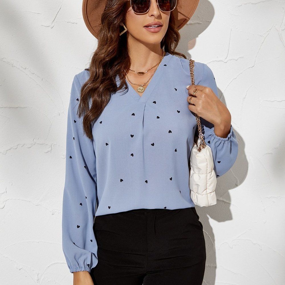 New Heart Print Bishop Sleeve Blouse Dusty Blue